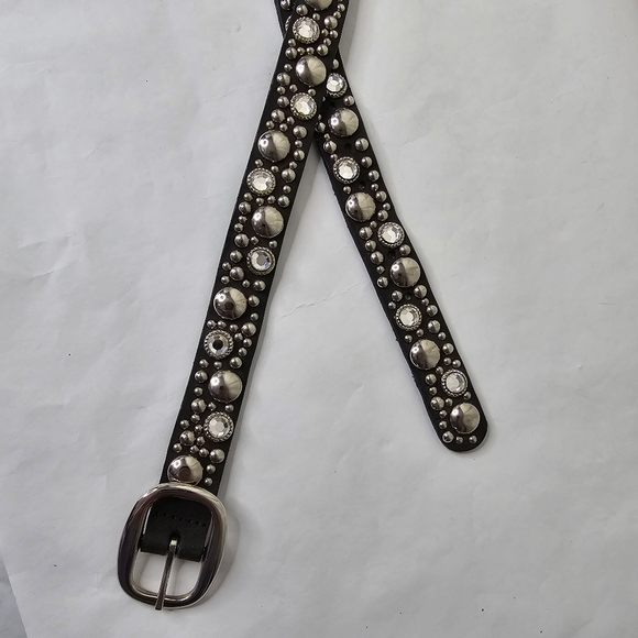 Streets Ahead Double Length Stud & Rhinestone Embellished Black Skinny Belt - Picture 4 of 6